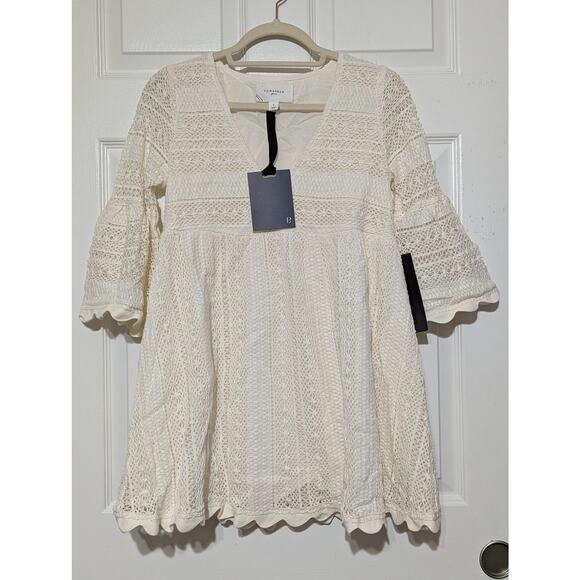 Pomander Place Tuckernuck Mini Dress Small Ivory Crochet Lace Bell Sleeve Boho - Picture 4 of 13